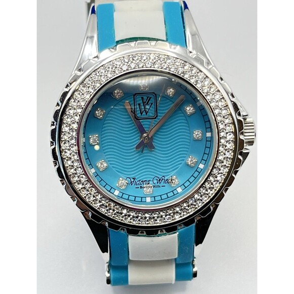 Victoria Wieck Crystal Watch Womens Teal and White Links Works, new battery - Picture 2 of 7
